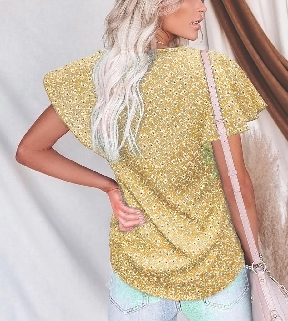 2026 Summer Women's V-neck Floral Pleated Short-Sleeve Shirt
