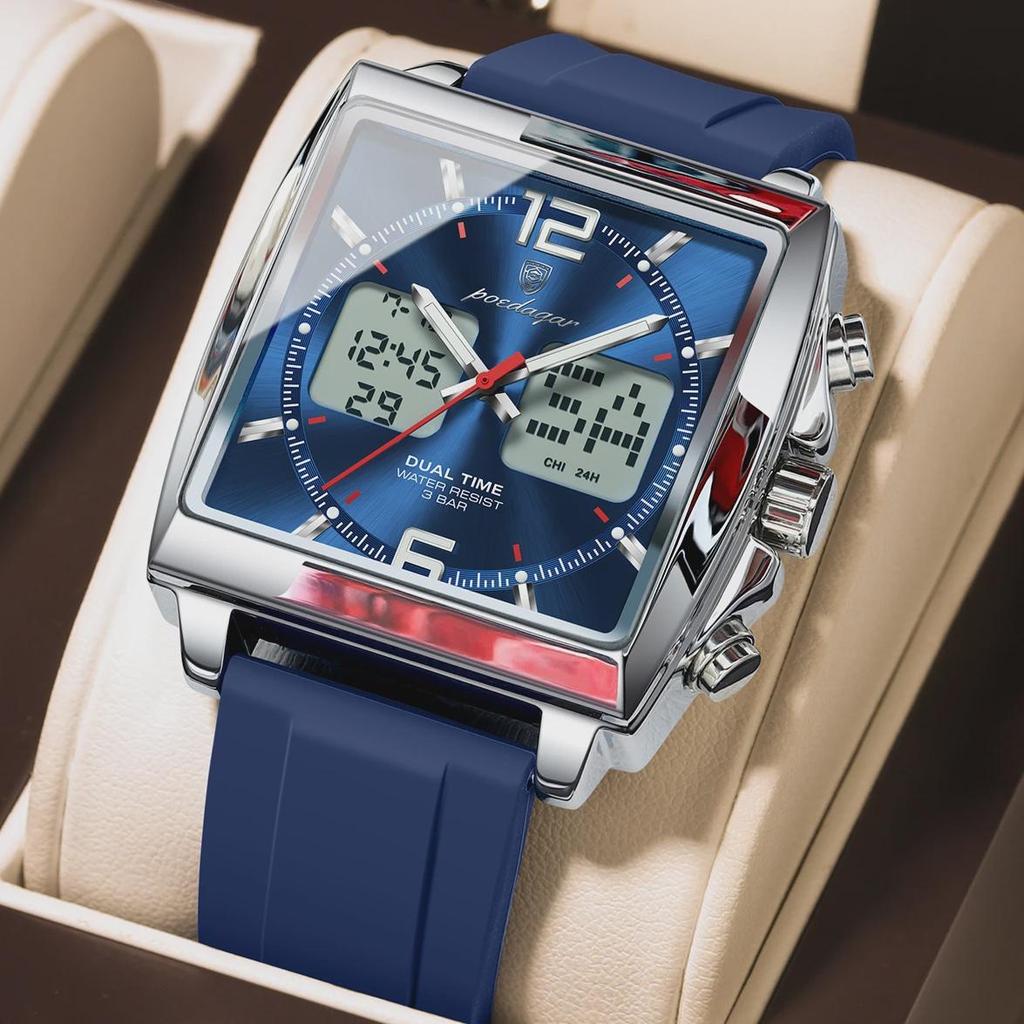 POEDAGAR Luxury Man Watch Electronic Square LED Alarm Chronograph Men's Watches Week Date Dual Time Display Men Quartz Clock