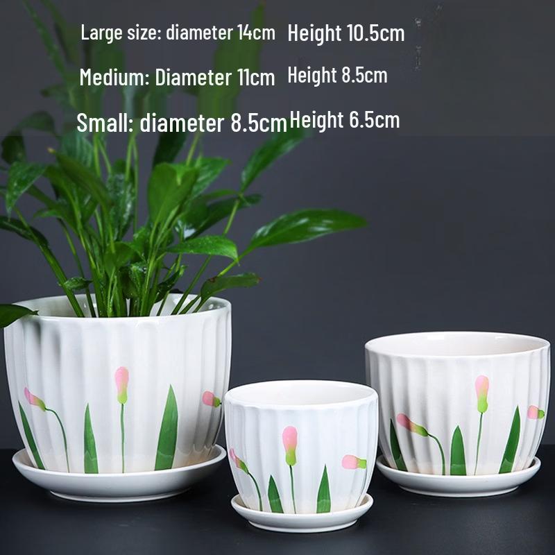 Ceramic Succulent Planter with Tray - 3-Piece Spring Breeze Green Leaf Set