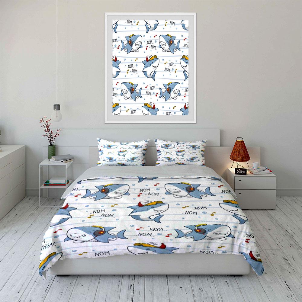 Cartoon Sharks With Headphones And Hats Printed Duvet Cover Set1 Duvet Cover+2 Pillowcasemulti Size Bedroom Bedding Decor