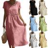 Women's Summer Fashion Round-Neck Short-Sleeve Openwork Lace -Color Cotton-Linen Dress