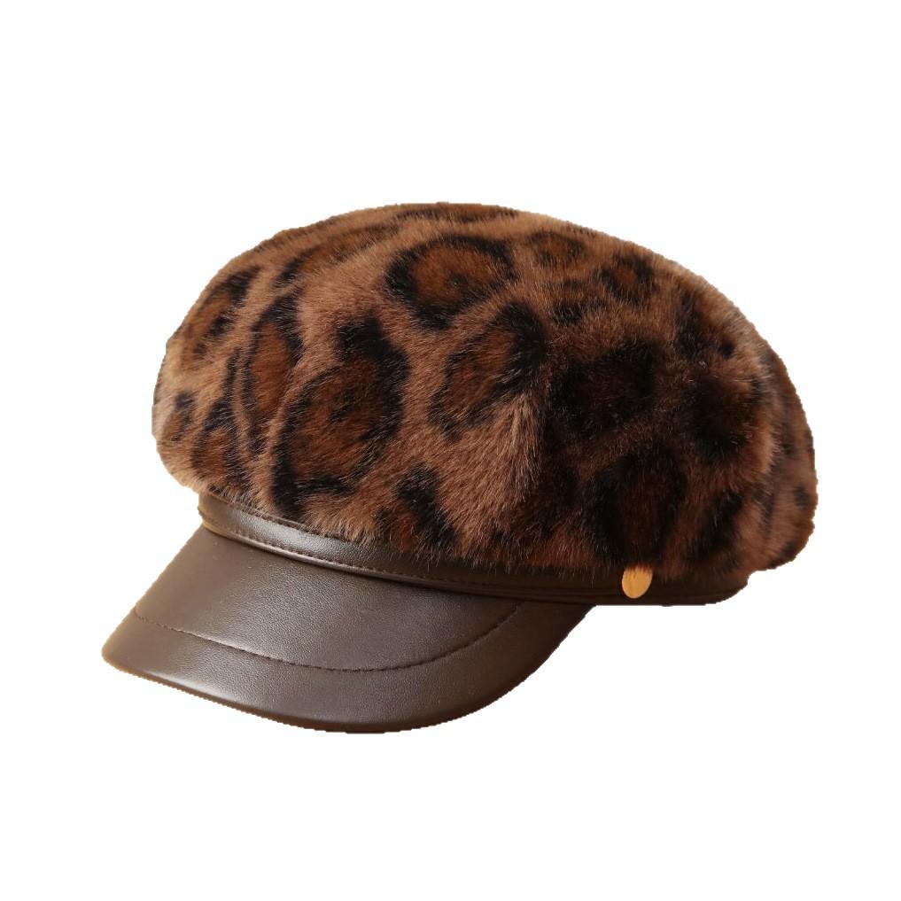 Fleece-lined Hat Winterstuffed Women's Leopard Print Octagonal Hat Fashionclassy Sense Peaked Cap