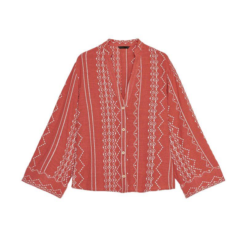 Spring and Summer New Women's Clothing Vacation Style Decorated Row Button Contrast Color Embroidered V-neck Long Sleeves Casual Shirt 8351042