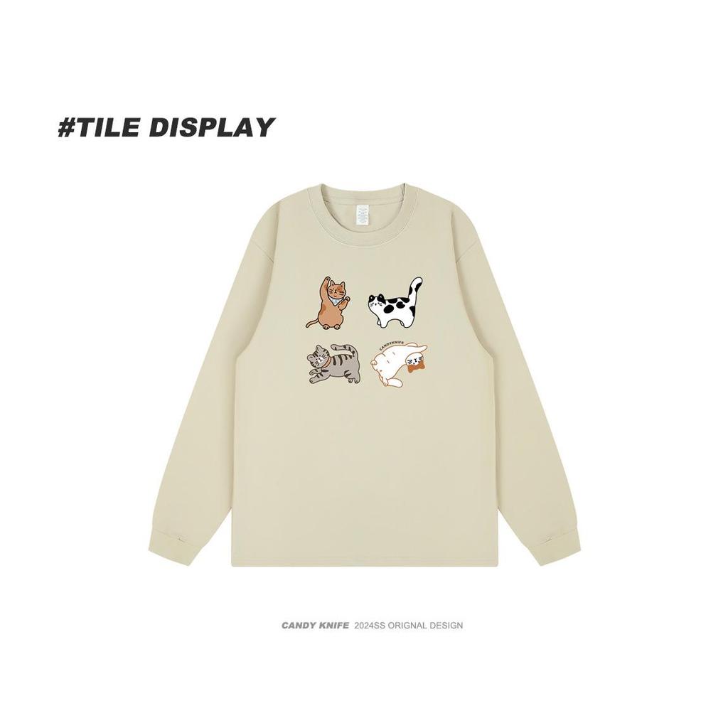 Retro Japanese Cartoon Cat Print Long Sleeve T-Shirt - Pure Cotton