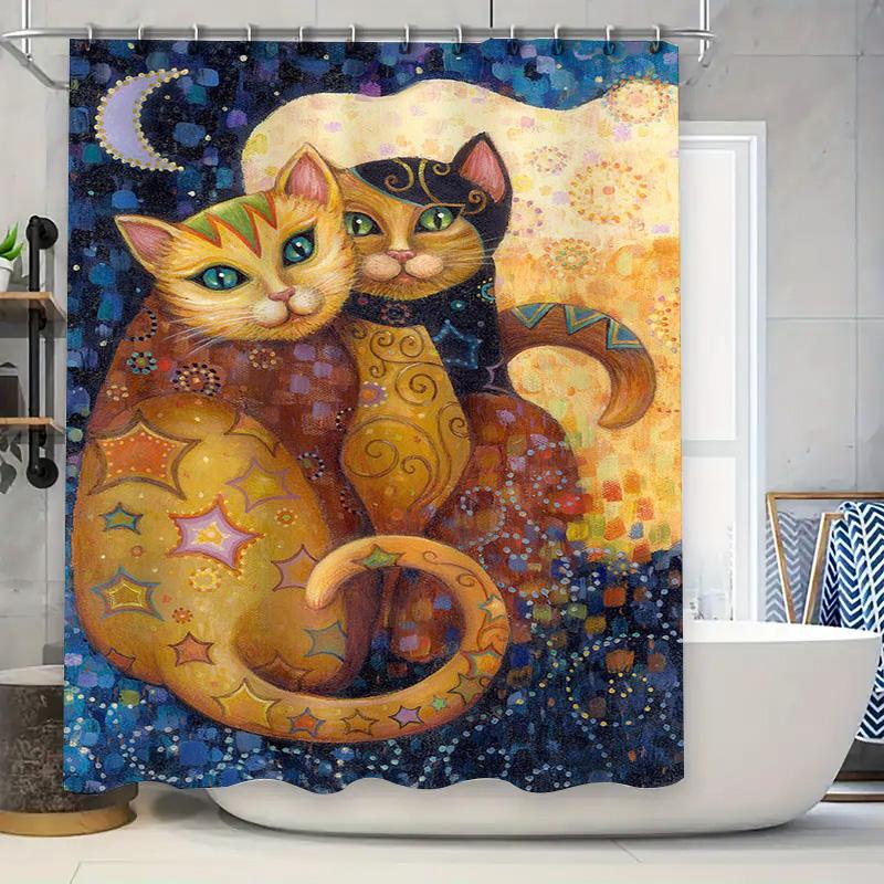 Colorful Night Cat Shower Curtain Home Decor for Bathroom Modern Artistic Print Fabric Water Repellent Liner Set Size 72x84inch
