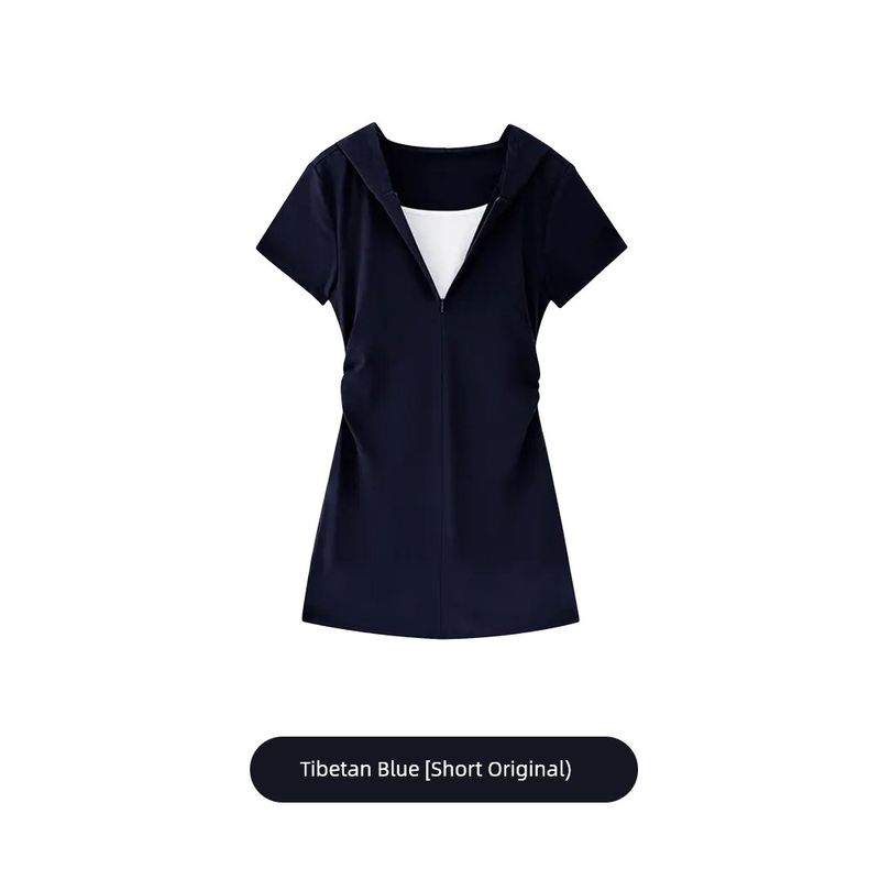 

High Quality Retro Hood Fake Two Pieces Pleat Waist Hugging Dress Summer Niche Temperament Casual Slimming A- line Skirt Navy blue short [version giant Slim Looking]] M