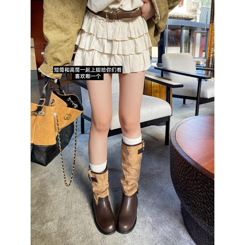 Cowhide version Ma Sichun same fashionable leather buckle with round head splicing thick heel knight boots women's boots stacked boots