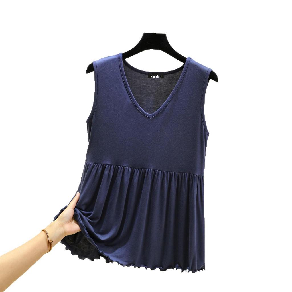 Women's Summer Modal V-Neck Tank Top - Plus Size Solid Color Slimming Undershirt