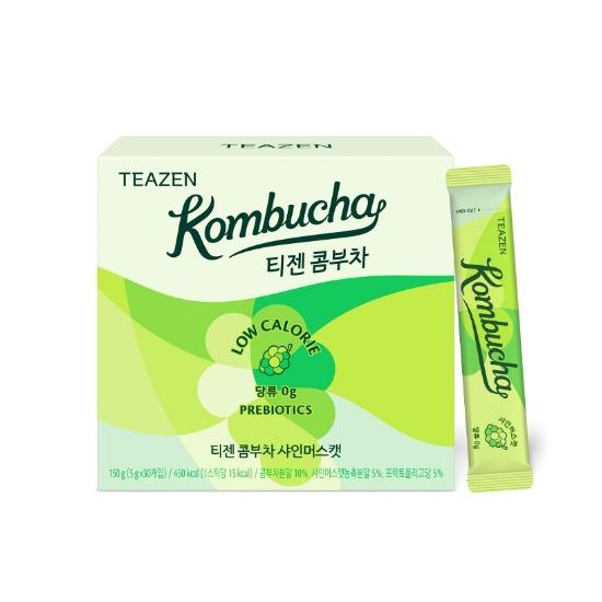 TEAZEN Lemon Kombucha Tea, bez cukru, musująca, fermentowana, w proszku, żywe probiotyki i prebiotyki, 10,30 saszetek po 5 g na saszetkę