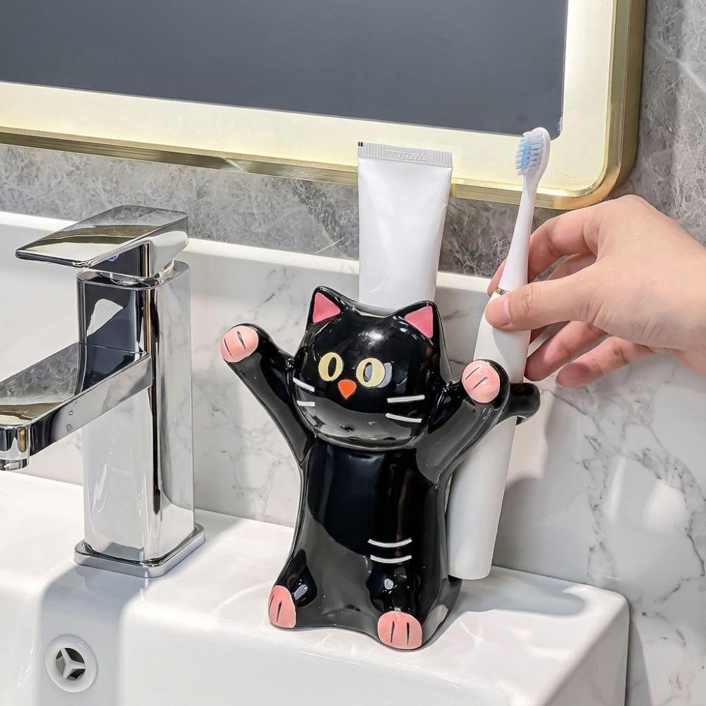Cartoon Animal Cat Toothbrush Holder Anti-Slip Base Toothpaste Storage Shelf Bathroom Organizer