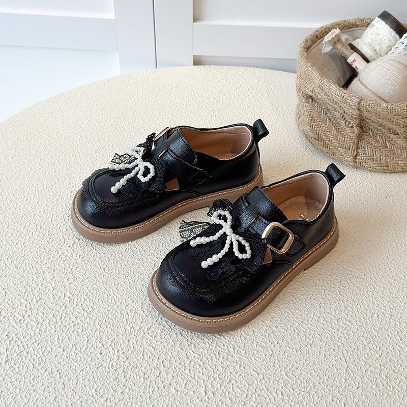 Girls' 2025 Autumn Leather Princess Shoes - Black Bow Mesh