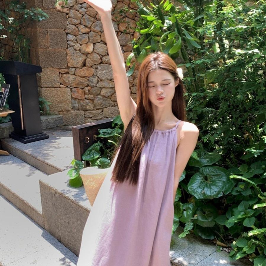 Loose Suspender Dress Women's Summer New Vacation Gentle Long Dress Chic Sleeveless A-word Dress Purple Dress