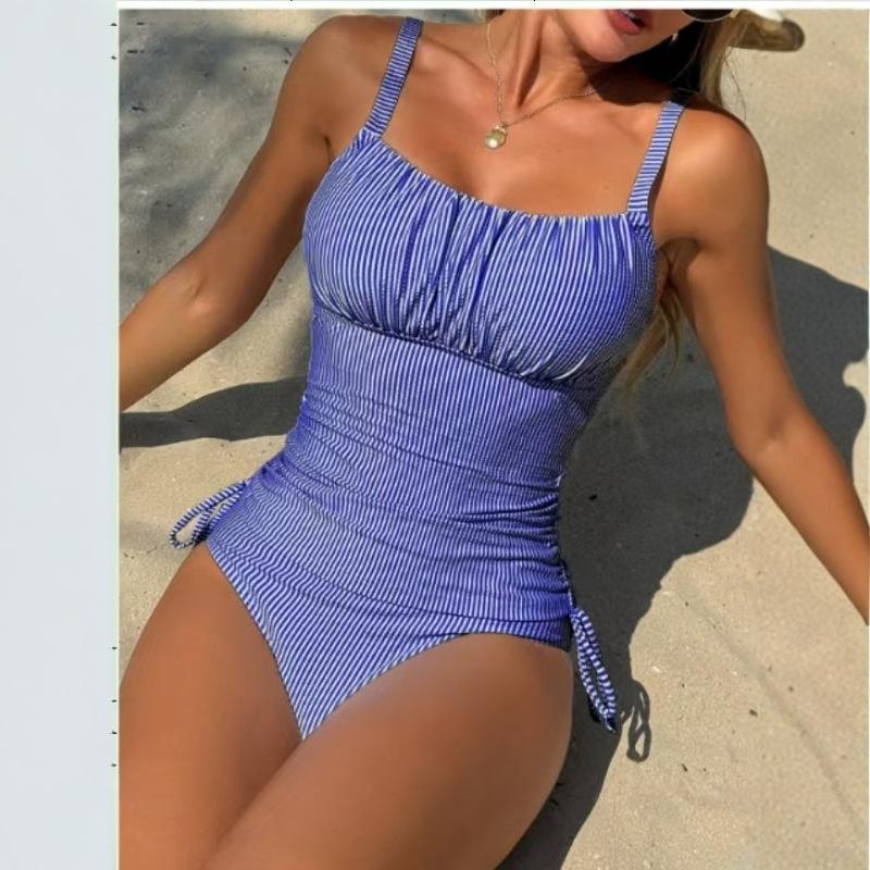

Полосатый купальник женский с квадратным вырезом, раздельный купальник-майка, женский комплект бикини, модный купальный костюм с высокой талией для пляжа XL темно-синий