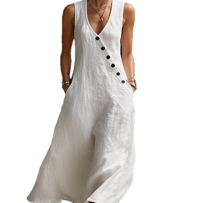 Spring and Summer European and American Lazy Style V-neck Breasted Sleeveless Vest Anti-cotton and Linen Casual Dress