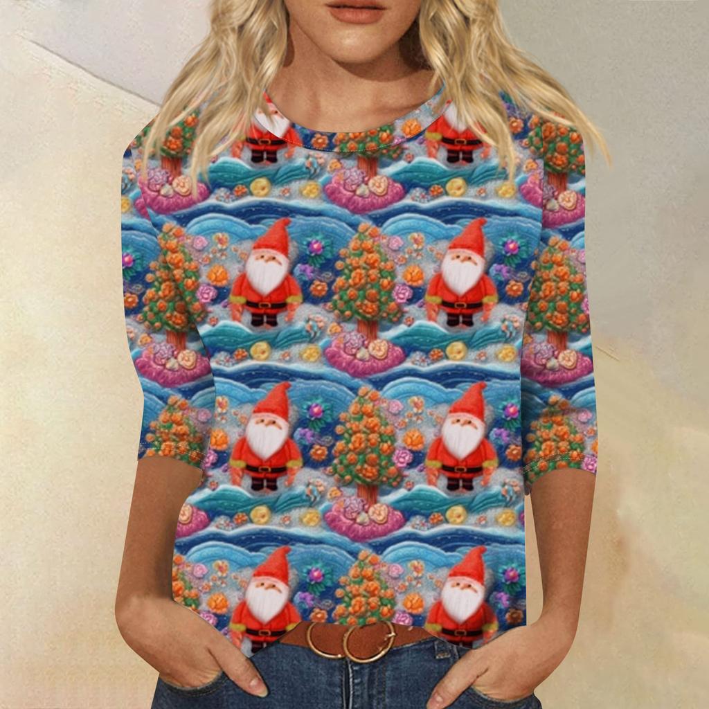 Women's Fashion Casual Round Neck 3/4 Sleeve Loose  Printed T-Shirt Ladies Top