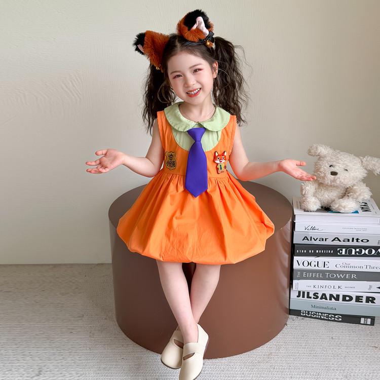 Vestido de Policial Coelho para Meninas - Moda Verão 2025 Saia Suspender Manga Flutuante Fashion, Estilo Academia para Bebês.