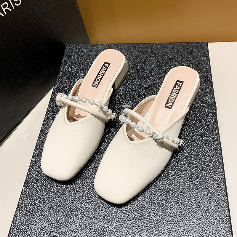 Baotou Half Slippers Female Summer Wear Thick Heel Temperament Fairy Evening Wind Pearl Word with Mary Jane Single Shoes Cool Slippers