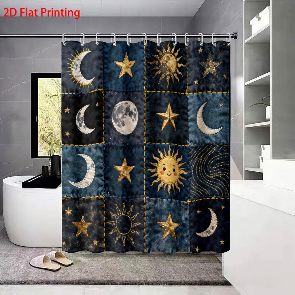 Fabric Splicing Sun and Moon Print Bathroom 4-piece Set 180x180 Waterproof Shower Curtain Floor Mat U-shaped Toilet Mat