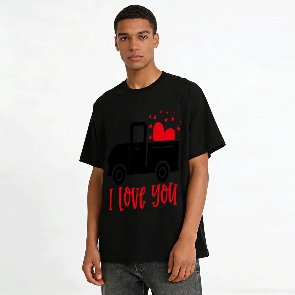Vintage Heart Truck Print I Love You Theme Casual Couple T-Shirt Pure Cotton T-shirt