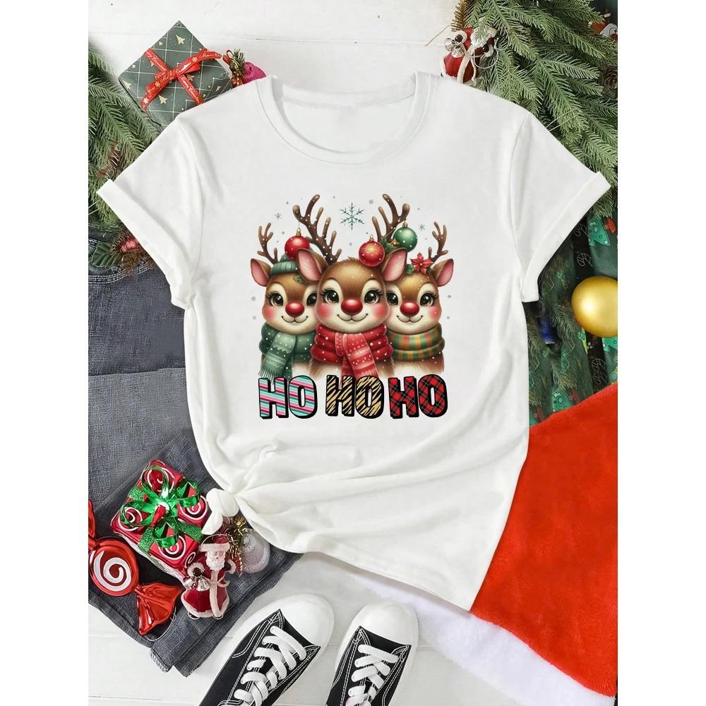 

Милая женская футболка с рождественским принтом оленя, мультяшная повседневная футболка с коротким рукавом и круглым вырезом, женская красная футболка, женская футболка Y2k 6XL