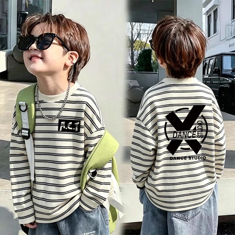 Boys' Striped Cotton Long-Sleeve T-Shirt - Trendy Spring/Autumn 2026 Patchwork Top, Medium/Large