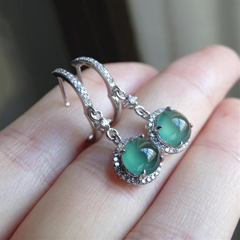 Original Design Natural Green Chalcedony Earrings With Diamonds, Noble Light Luxury Charm Women'S Jewelry