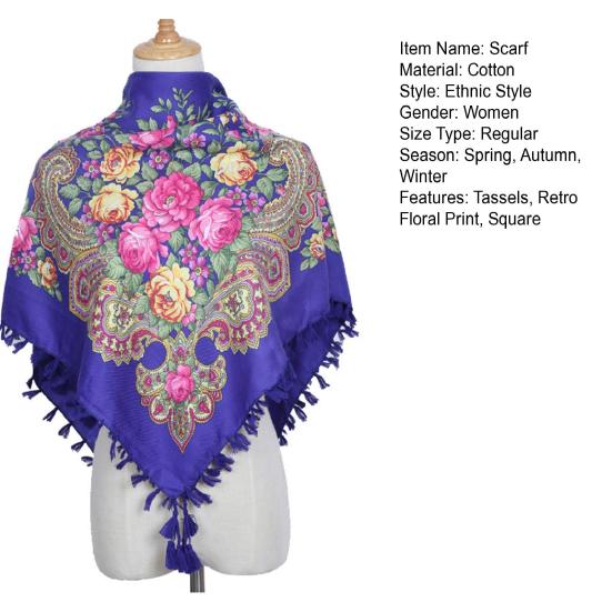 Quastenbesatz Quadratischer Weicher Winddichter Retro Schal Damen Herbst Winter Ethnischer Stil Druck Baumwollschal