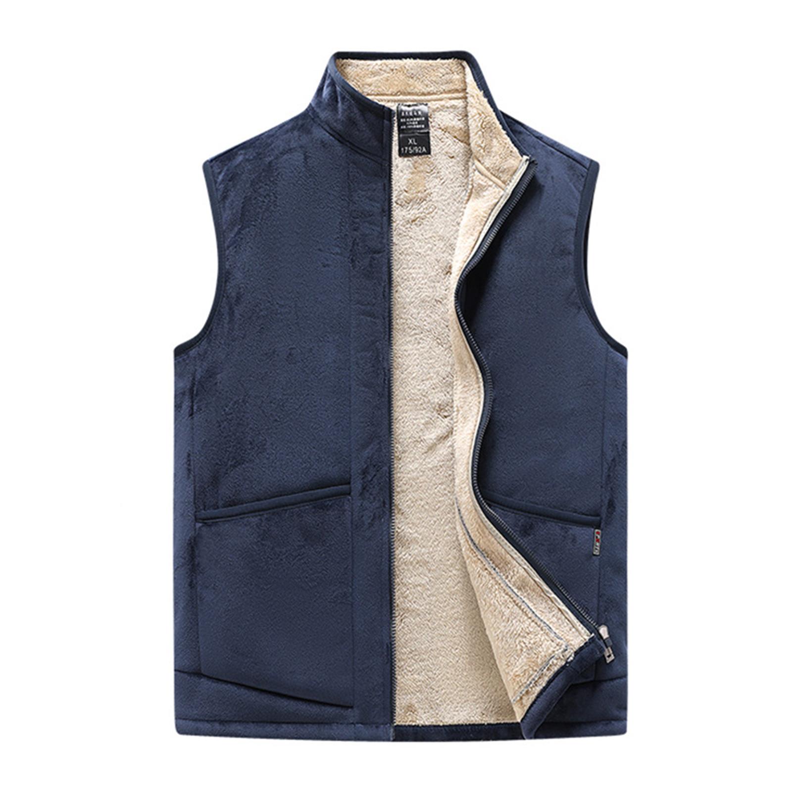 

Мужской повседневный флисовый однотонный жилет на молнии, мужской жилет из искусственной овчины со стойкой воротником XL тёмно-синий
