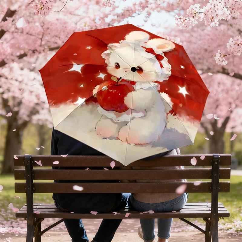 Adorable Bunny with Apple Print Umbrella - Auto Open/Closed, Outdoor Protection, Lightweight & Durable Travel Accessory 132
