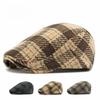 Unisex Plaid Woolen Flat Cap Vintage British Style Newsboy Hat Autumn Winter Warm Beret Casual Cabbie Cap for Men Women
