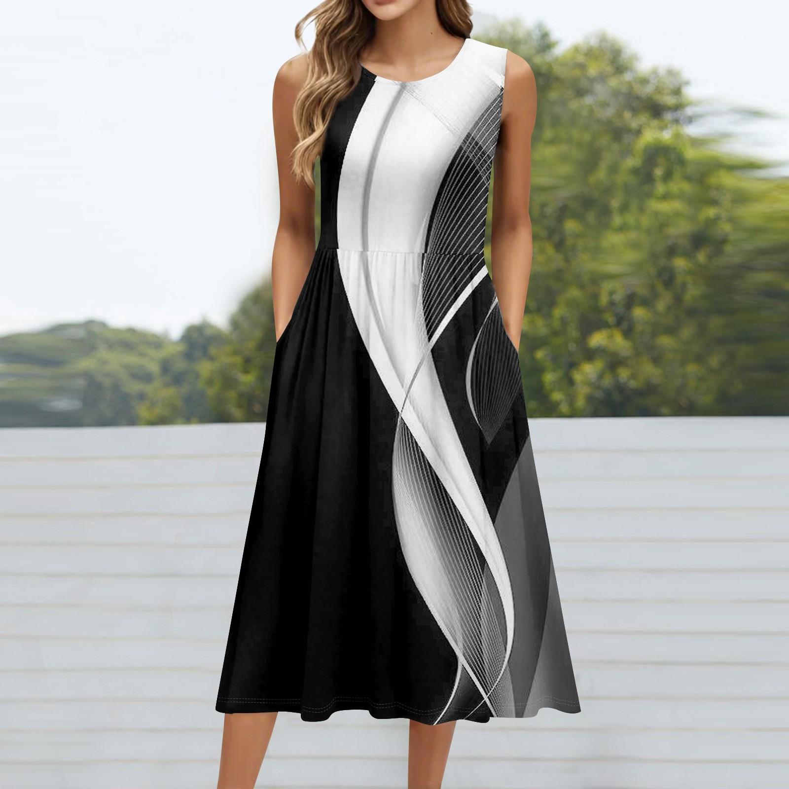 

Женское модное ретро-платье с цветочным принтом, круглым вырезом, без рукавов, повседневным свитером и карманом средней длины XXL чёрный