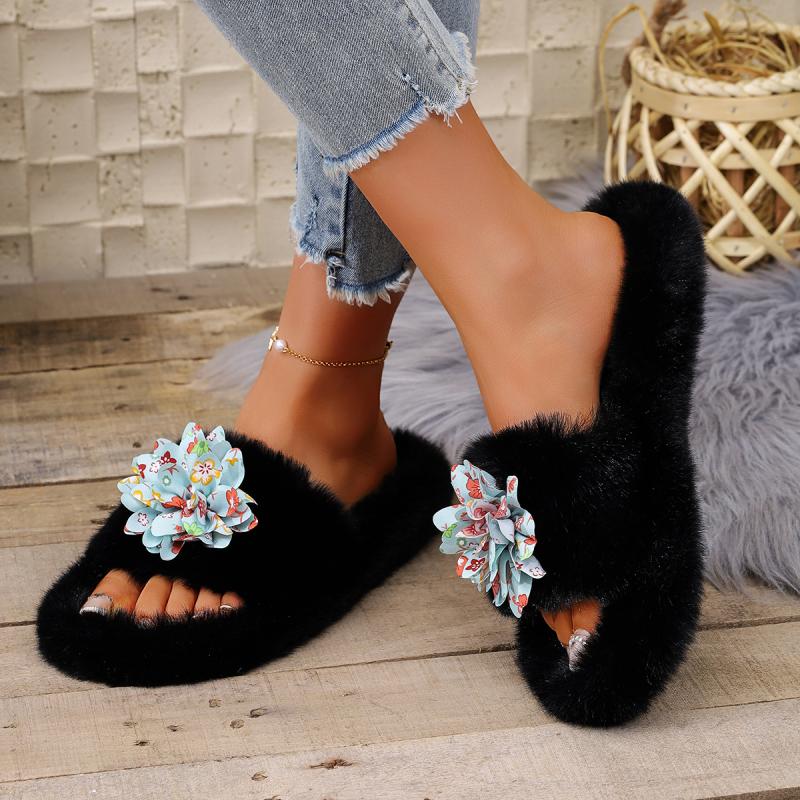 Fashion Fashion Flower Decoration Faux Fur Slides Women 2025 Autumn Round Toe Low Heel Slippers Soft Sole Short Plush Outdoor Slippers