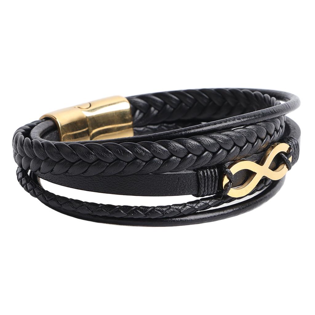 Men Bracelet Simple Look Magnetic Buckle Wristband Black Gold Multiple Layers Handmade Leather Style Braided Bangle