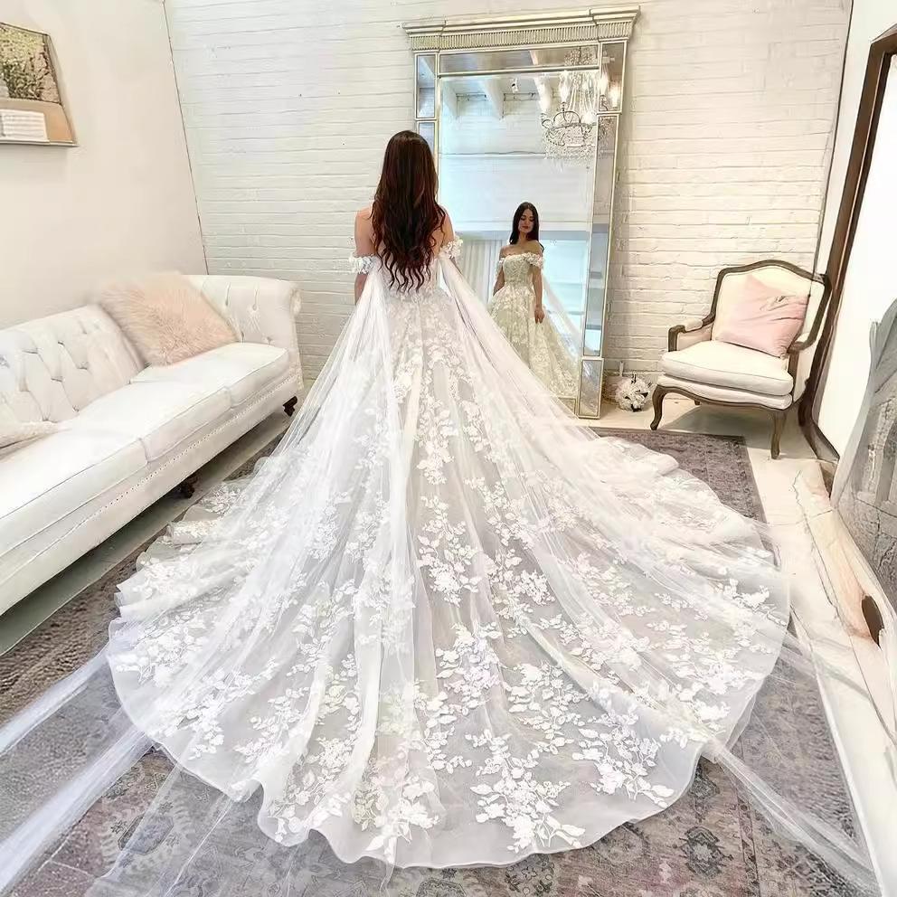 Light Wedding Dress French Spring and Autumn New Bride Trailing Simple Atmosphere One-word Shoulder Retro Temperament Main Yarn New