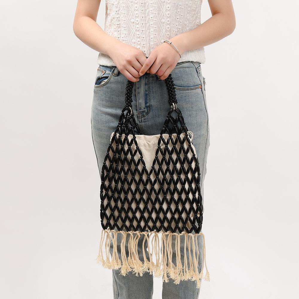 NEU Damen Gewebt Quasten Design Ausgeschnitten Holzperlen Tragetasche Eimer Schultertasche Damen Netzartiges Netzgewebe Strand Handtasche