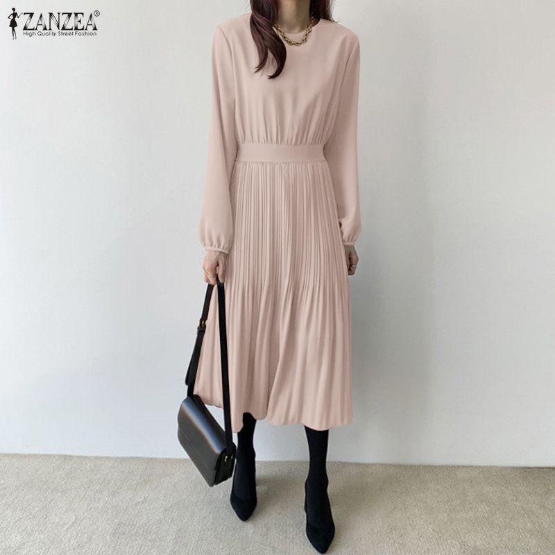 ZANZEA Abito casual da donna a maniche lunghe con scollo tondo tinta unita