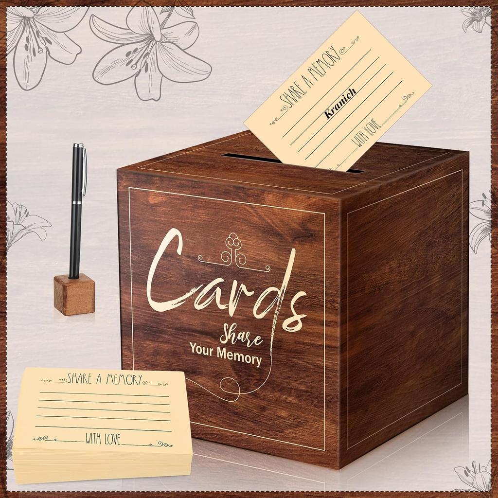 66 Pcs Funeral Guest Book Set Share a Memory Cards Memorial Box Guest Book Pen Wooden Pen Holder Funeral Decorations Memory Table Signs for