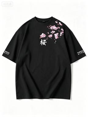 Summer Unisex Cherry Blossom Pattern Japanese Style Loosetee Shirt Suitable For Daily Wear Material Trendy Versatile Short Sleeve
