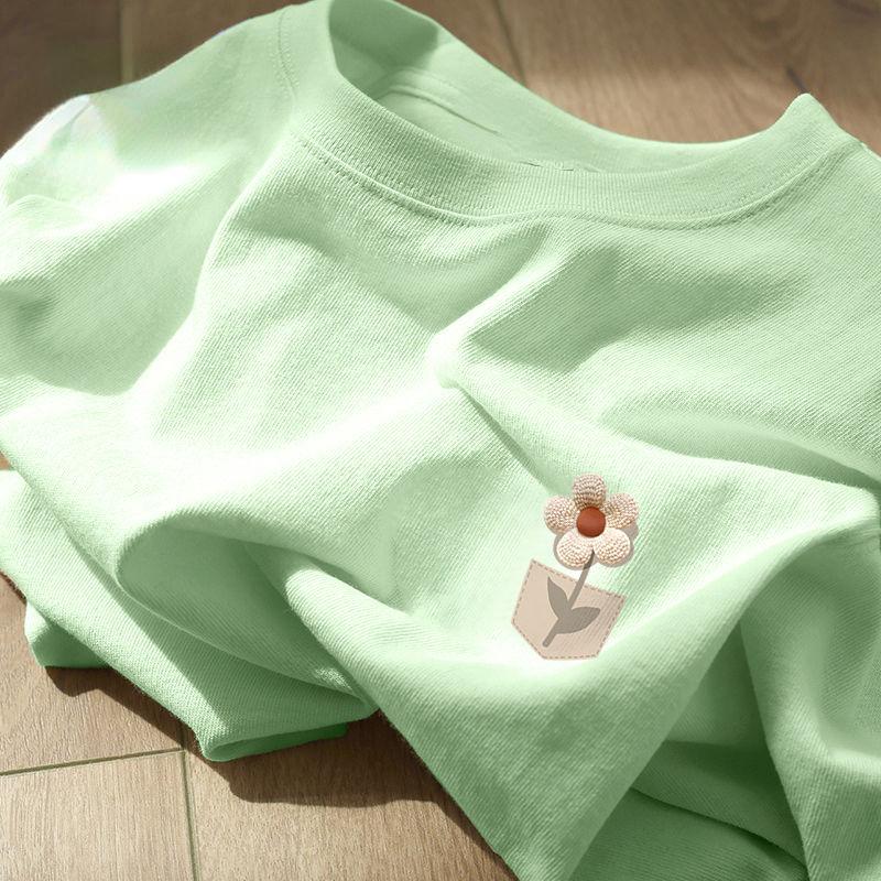 

Удобная и дышащая женская хлопковая футболка в ленивом стиле с коротким рукавом и цветком XXL зелёный