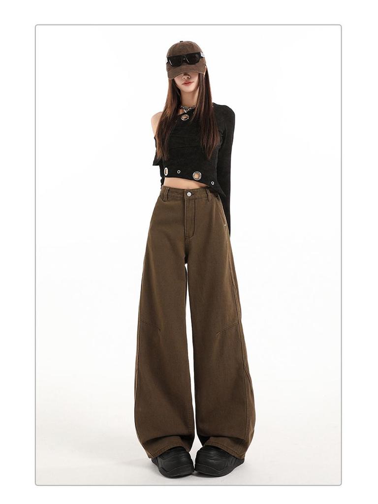 American Retro 2026 High-Waisted Wide-Leg Brown Jeans for Women