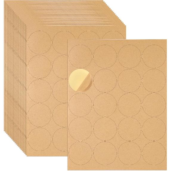 20 Sheets 1.5 Round Kraft Labels, Round Kraft Paper Labels Stickers Writable Inkjet Printable Blank Brown Dot Stickers Adhesive Label for Printer 2 Inch (5.1cm)