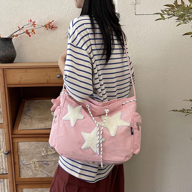 Large Capacity Corduroy Women's Shoulder and Crossbody Tote Bag with Pentagram Design