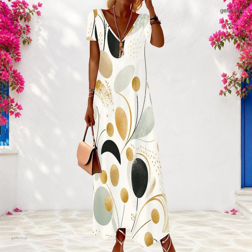 Women Plus Size V Neck Short Sleeve Black Floral Print Long Dress