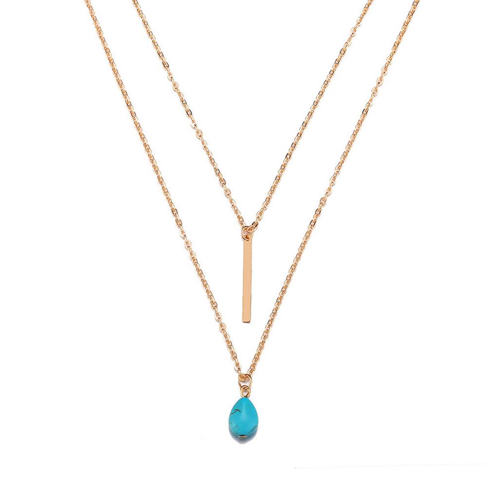 Women Double-layer Turquoise Necklace Water Drop Shaped Pendant Clavicle Chains Necklace