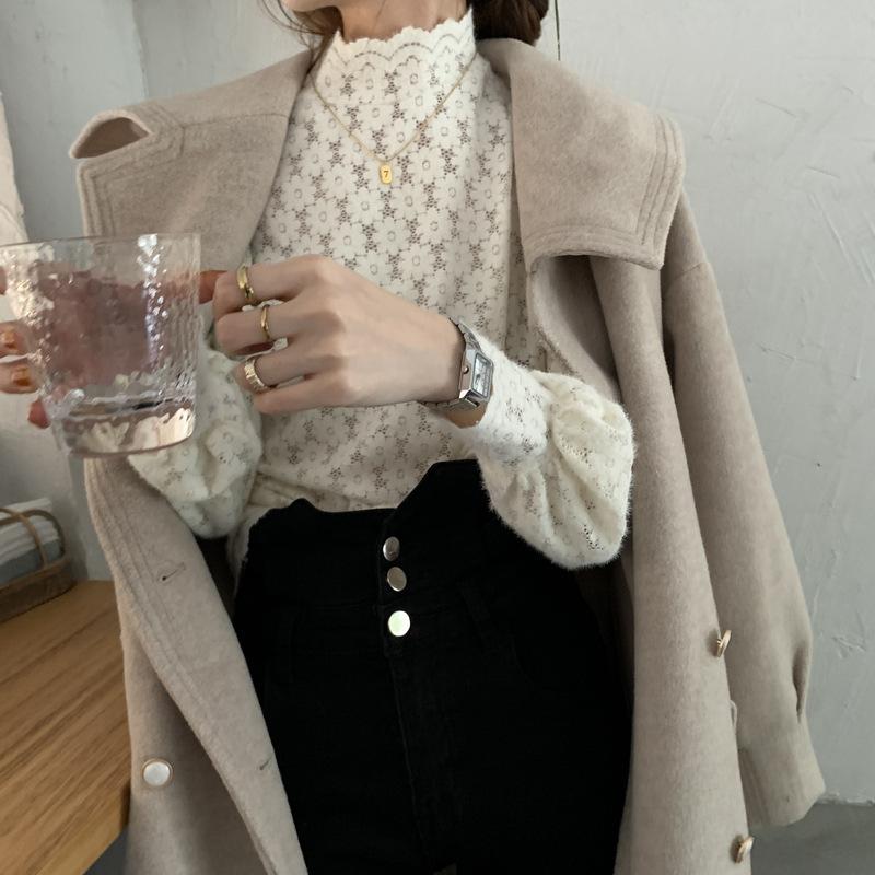Hollow Out Frosted Lace Blouse Spring Autumn Top Women Korean Slim Fit Zippered Half High Collar Base Shirt