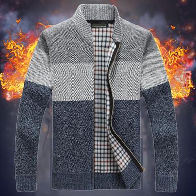 Yousheng Men Sweater Coat Thick Plush Colorblock Zipper Closure Stand Collar Knitted Loose Keep Warm Jacket Autumn Winter Cardigan Outerwear