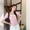 Blue fake two-piece short-sleeved T-shirt women's summer sweet and spicy new waist thin pleated square collar design top