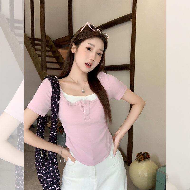 Blue fake two-piece short-sleeved T-shirt women's summer sweet and spicy new waist thin pleated square collar design top