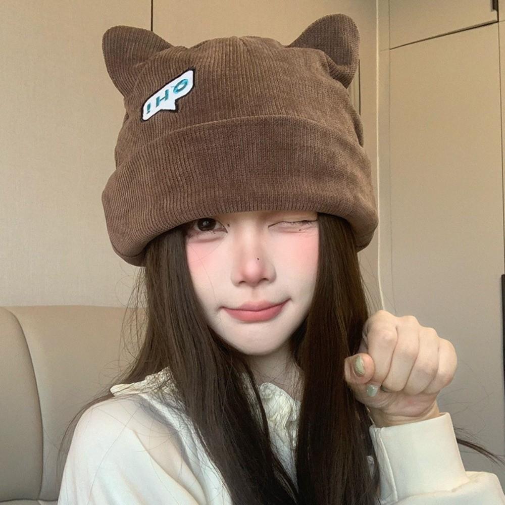 Polyester Cat Ear Beanie Hat Large Head Circumference Fall Winter Skull Cap Casual Use