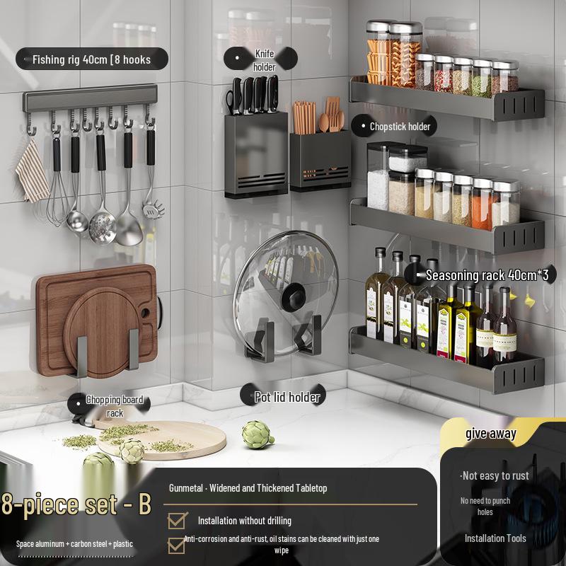 Gunmetal Wall-Mounted Kitchen Rack: No-Drill Seasoning, Knife Holder, Multifunctional Storage Solution